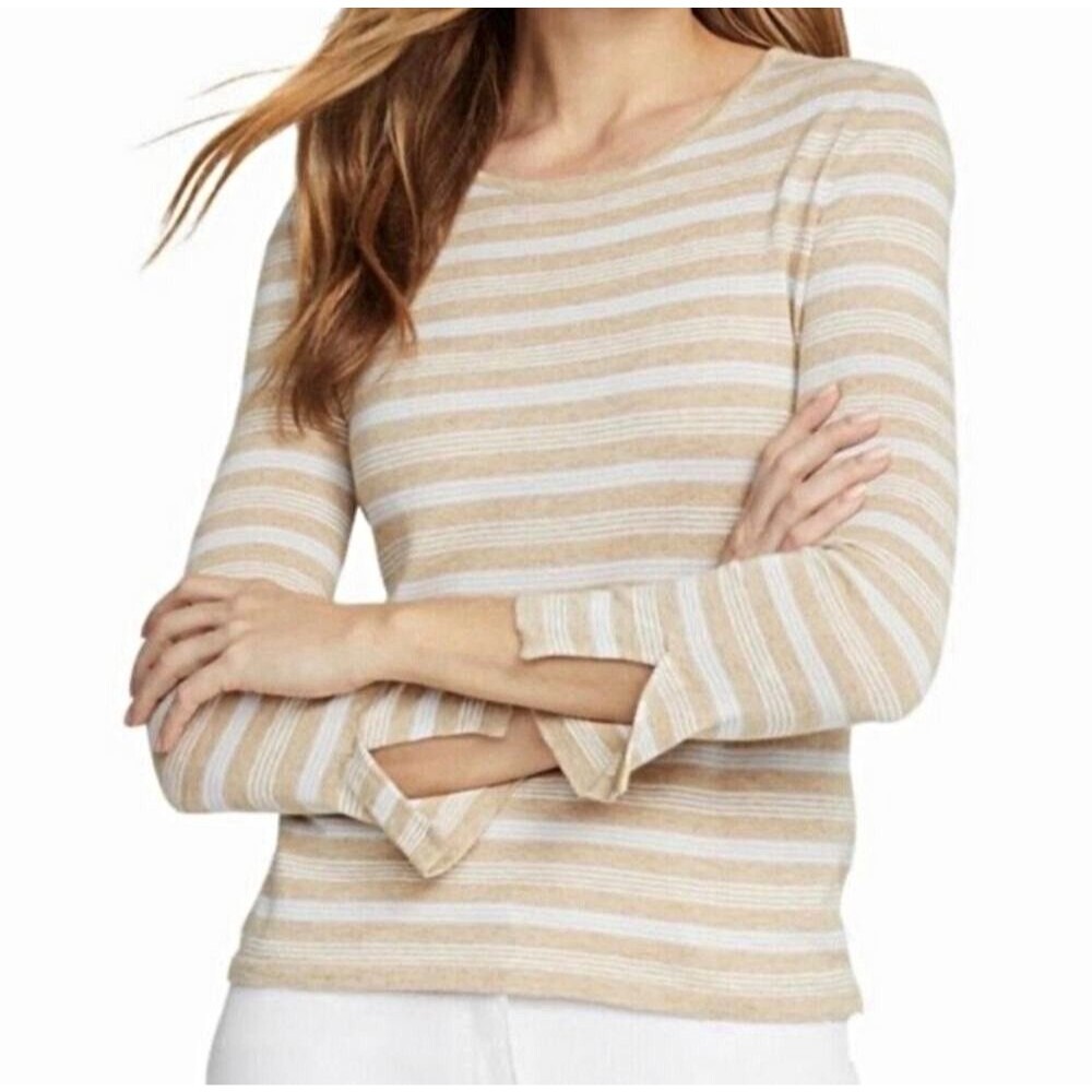 J. McLaughlin Women’s Beige & White Striped Knit Scoop Neck Sweater Small Modal